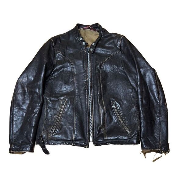 Vintage 60s Schott NYC Leather Cafe Racer Jacket Brown Distressed Size 42 - Picture 1 of 16